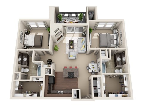 A top-down view of a small apartment with a kitchen, living room, and bedrooms.